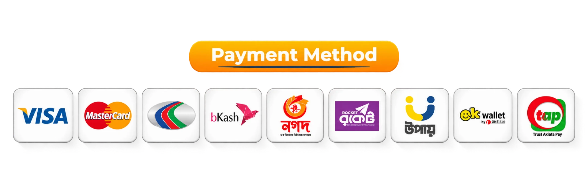 Accepted payment methods: Visa, Mastercard, bKash, Nagad, Rocket, Upay, OK Wallet, Trust Axiata Pay